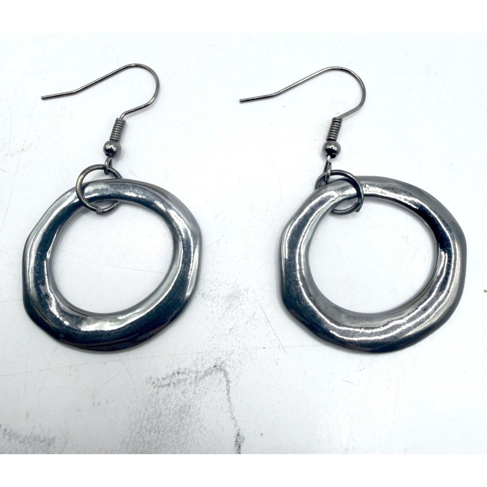 Gunmetal Gray Circle Dangle Earrings Pierced 2" Modern Statement Jewelry